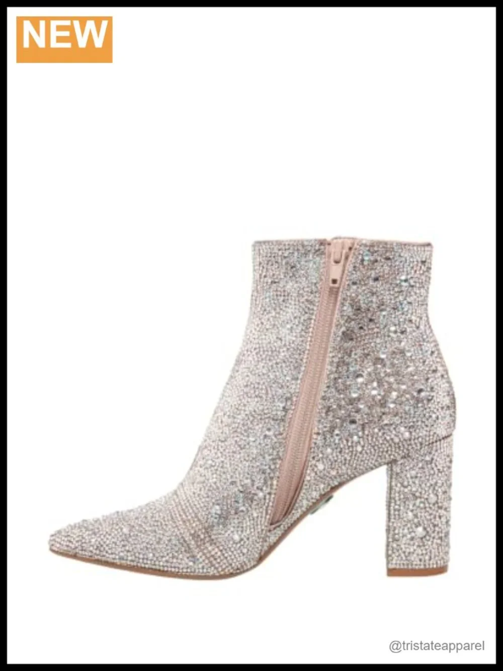 Rhinestone Embellished Faux Leather Ankle Bootie with Block Heel